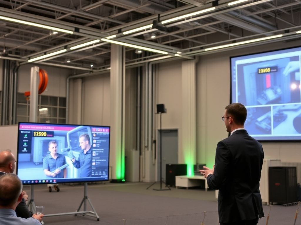 Smart factory conference presentation with digital manufacturing screens