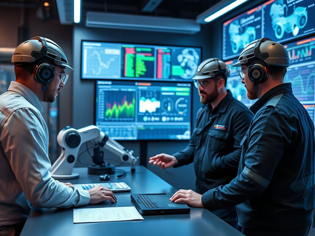 Engineers reviewing robotics data analytics in a modern control room