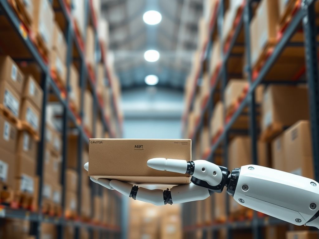 Embodied robot hand manipulating a warehouse carton with precision